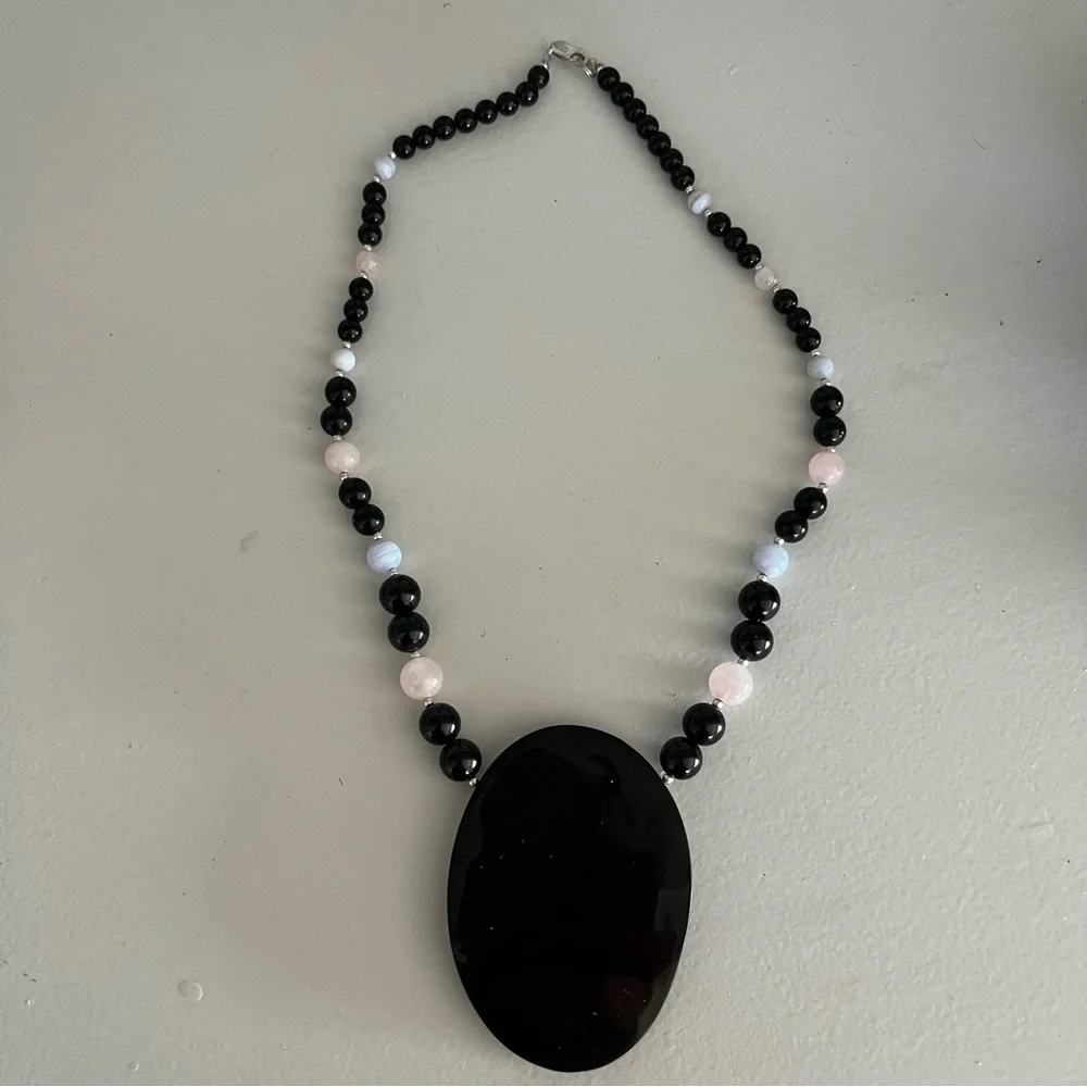 VTG Sterling 925 MOP Inlay Pink Jade BLK Onyx Agate Bead Designer Necklace - Picture 8 of 12